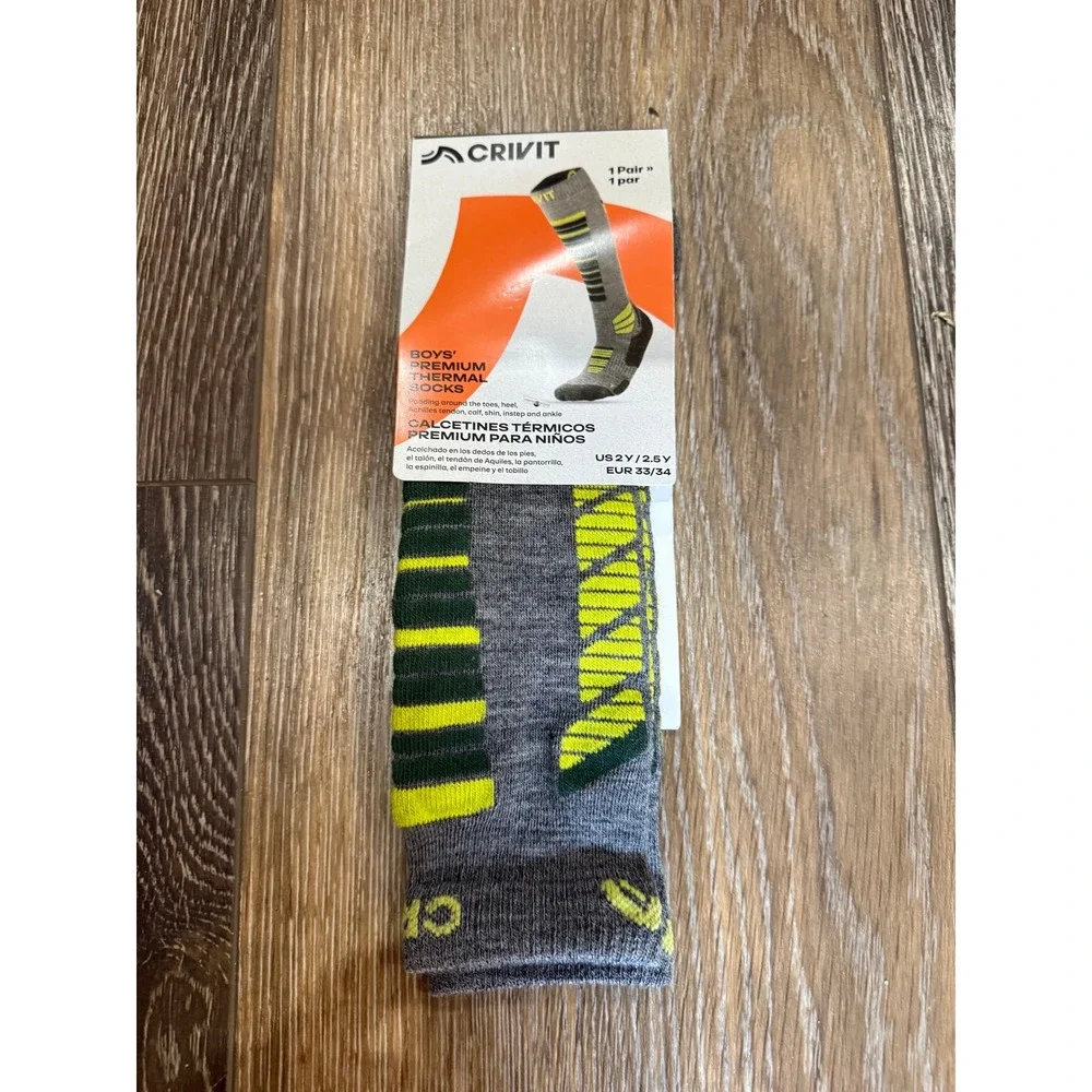 Crivit Boys Premium Thermal Socks Gray Neon Green Ski Snowboard US 2Y 2.5Y 2 Pk